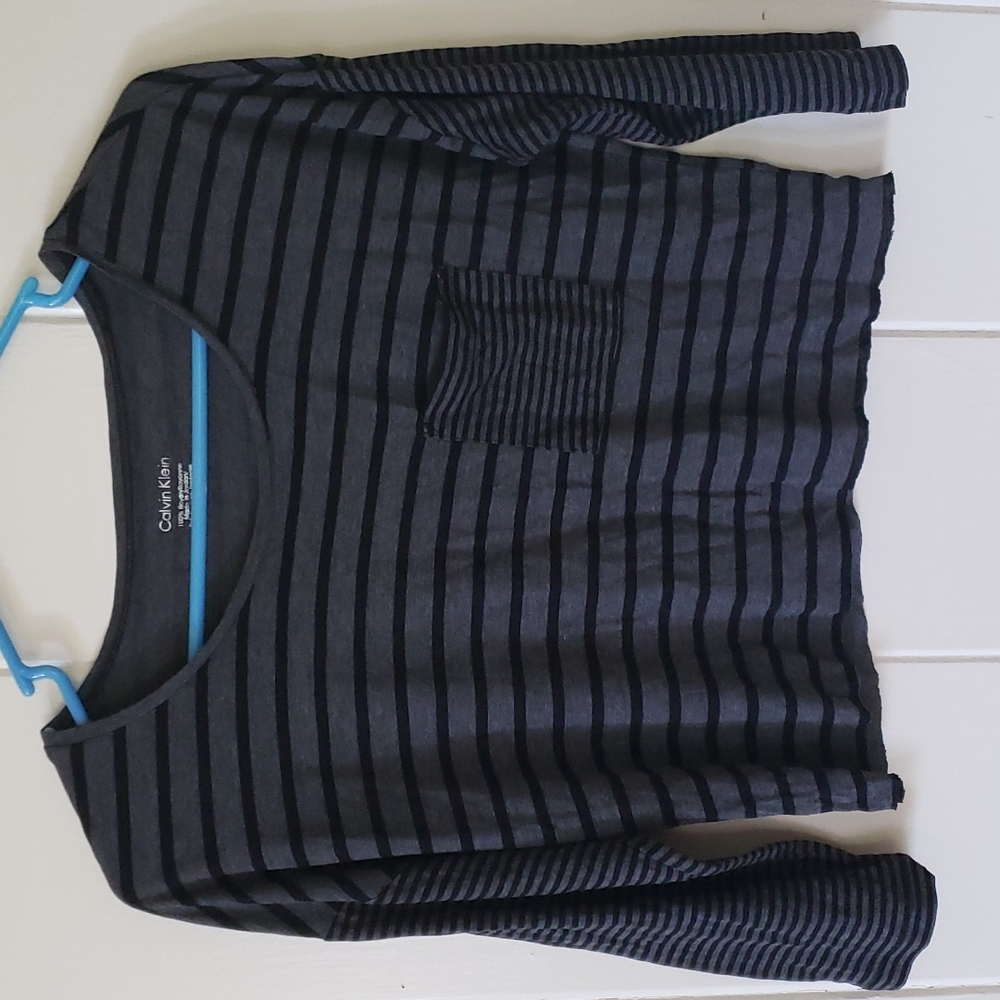 Calvin Klein Womens S Gray Stripe 3/4 Sleeve Crop Top